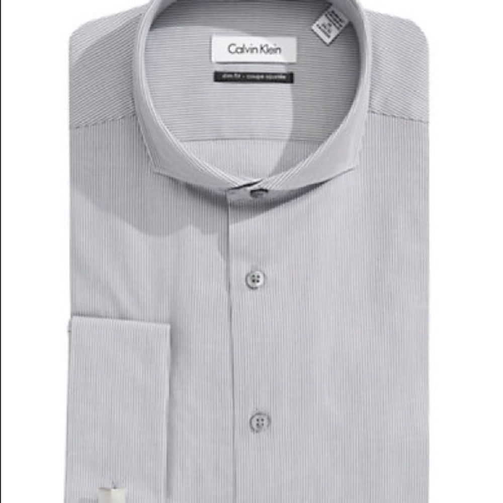 Calvin Klein Slim-fit Mixed-stripe French Cuff Dress Shirt-charcoal-16-34/35